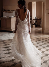 Sequined Wedding Dresses Split Front Sparkly V-Neck Long Sleeves Sweep Train-Dbrbridal