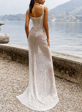 Sequined Wedding Dresses Split Front Square Neckline Sheath Fitted Fit-Dbrbridal