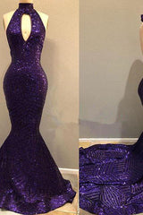 Sequins Halter Grape Party Dresses Backless Long Evening Gowns-Dbrbridal