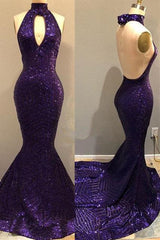 Sequins Halter Grape Party Dresses Backless Long Evening Gowns-Dbrbridal