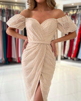 Sequins Short Prom Dress Split Ball DressesOff-the-Shoulder-Dbrbridal