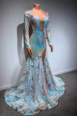 Sequins Split Mermaid Prom Dresses with Long Sleeves-Dbrbridal