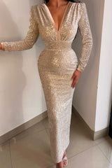 Sequins Tea-Length Mermaid Prom Dress with Long Sleeves and V-Neck-Dbrbridal