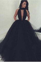 Sexy Ball Gown Black Prom Dress Long Tulle Sexy Deep V-Neck-Dbrbridal