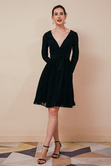 Sexy Deep V-Neck Long Sleevess Bowtie Little Black Dress-Dbrbridal