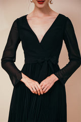 Sexy Deep V-Neck Long Sleevess Bowtie Little Black Dress-Dbrbridal