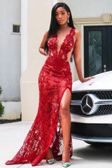 Sexy Deep V-Neck Red Formal DressesFloral Lace Appliques Split Front Party Dress-Dbrbridal