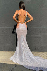 Sexy Deep V-Neck Sparkling Sequins Beading Chic Evening Gowns Backless Mermaid Sleeveless Prom Dresses With Court Train-Dbrbridal