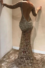 Sexy Gold V-Neck Long Sleevess Mermaid Prom Dress Sequins Long-Dbrbridal