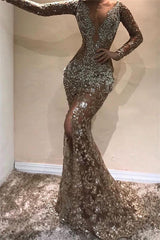 Sexy Gold V-Neck Long Sleevess Mermaid Prom Dress Sequins Long-Dbrbridal