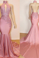 Sexy High Collar Mermaid Prom Dress Sequins Pink Long Backless-Dbrbridal
