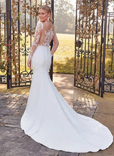 Sexy Lace Elastic Satin Wedding Dresses Long Sleeves Mermaid Fitted Square Neckline-Dbrbridal