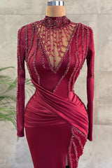 Sexy Long Sleevess Burgundy Evening Gowns Prom Dress Long With Small Round Collar Beading-Dbrbridal