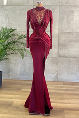 Sexy Long Sleevess Burgundy Evening Gowns Prom Dress Long With Small Round Collar Beading-Dbrbridal