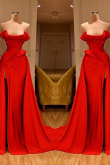 Sexy Red Off-the-Shoulder Long Split Prom Dresses Online-Dbrbridal