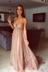 Sexy Sexy Deep V-Neck Spaghetti-Strapss Prom Dress Sequins Long-Dbrbridal