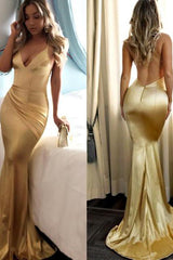 Sexy Spaghetti-Strapss Backless Mermaid Prom Dress Sequins V-Neck Chiffon Gold Long-Dbrbridal