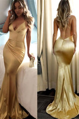Sexy Spaghetti-Strapss Backless Mermaid Prom Dress Sequins V-Neck Chiffon Gold Long-Dbrbridal