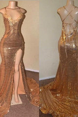 Sexy Spaghetti-Strapss V-Neck Mermaid Prom Dress Sequins Long Chiffon Gold With Split-Dbrbridal