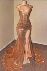 Sexy Spaghetti-Strapss V-Neck Mermaid Prom Dress Sequins Long Chiffon Gold With Split-Dbrbridal