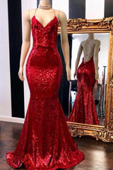 Sexy Spaghetti-Strapss V-Neck Mermaid Prom Dress Sequins Red Long-Dbrbridal