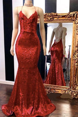 Sexy Spaghetti-Strapss V-Neck Mermaid Prom Dress Sequins Red Long-Dbrbridal
