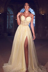 Sexy Tulle Spaghetti-Strapss Yellow Prom Dress Lace Long With Split-Dbrbridal