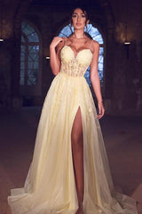 Sexy Tulle Spaghetti-Strapss Yellow Prom Dress Lace Long With Split-Dbrbridal