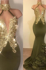 Sexy V-Neck Halter Backless Mermaid Prom Dress Sequins Chiffon Green Long Backless-Dbrbridal