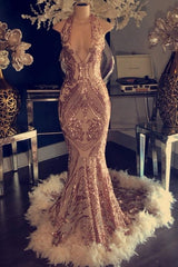 Sexy V-Neck Halter Mermaid Prom Dress Gold Sequins Long Backless-Dbrbridal