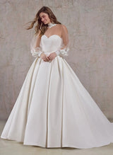 Sheer Long Sleeve Ball-Gown Wedding Dress High Neck-Dbrbridal