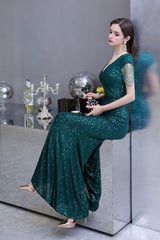 Shining Sequins Green Mermaid Cap sleeve Long Prom Dresses-Dbrbridal