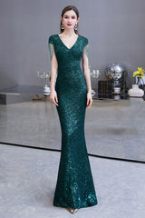 Shining Sequins Green Mermaid Cap sleeve Long Prom Dresses-Dbrbridal