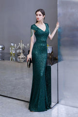 Shining Sequins Green Mermaid Cap sleeve Long Prom Dresses-Dbrbridal