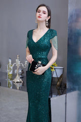 Shining Sequins Green Mermaid Cap sleeve Long Prom Dresses-Dbrbridal
