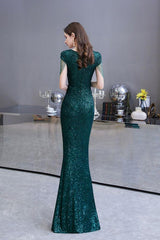 Shining Sequins Green Mermaid Cap sleeve Long Prom Dresses-Dbrbridal
