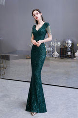 Shining Sequins Green Mermaid Cap sleeve Long Prom Dresses-Dbrbridal