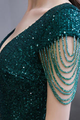 Shining Sequins Green Mermaid Cap sleeve Long Prom Dresses-Dbrbridal