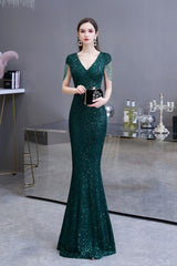 Shining Sequins Green Mermaid Cap sleeve Long Prom Dresses-Dbrbridal