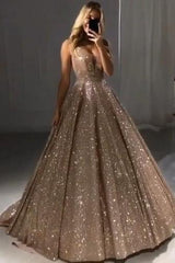 Shiny Gold Ball Gown Evening Dresses Chic V-Neck Sequin Prom Dresses-Dbrbridal