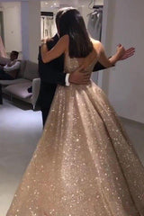 Shiny Gold Ball Gown Evening Dresses Chic V-Neck Sequin Prom Dresses-Dbrbridal