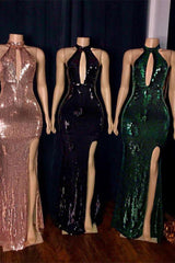 Shiny Sequins Halter Keyhole Neckline Front Slit Mermaid Prom Gowns-Dbrbridal