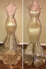 Shiny Sequins Mermaid Spaghettis-Straps Layers-Train Gold Prom Dresses-Dbrbridal