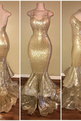 Shiny Sequins Mermaid Spaghettis-Straps Layers-Train Gold Prom Dresses-Dbrbridal