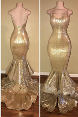 Shiny Sequins Mermaid Spaghettis-Straps Layers-Train Gold Prom Dresses-Dbrbridal