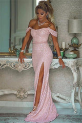 Shiny Sequins Pink Prom Dresses With Slit Off-the-Shoulder Chic Evening Gowns With Buttons-Dbrbridal