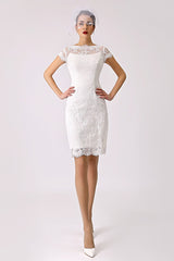Short Casual Wedding Dresses Lace Illusion Short Sleeve Column Column Reception Dress For Bride Exclusive-Dbrbridal