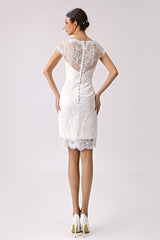 Short Casual Wedding Dresses Lace Illusion Short Sleeve Column Column Reception Dress For Bride Exclusive-Dbrbridal
