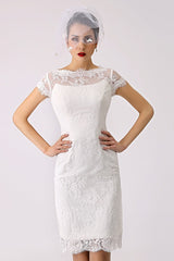 Short Casual Wedding Dresses Lace Illusion Short Sleeve Column Column Reception Dress For Bride Exclusive-Dbrbridal