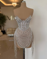 Short Prom Dress with Sweetheart Neckline Beadings Tassels and Pearls-Dbrbridal